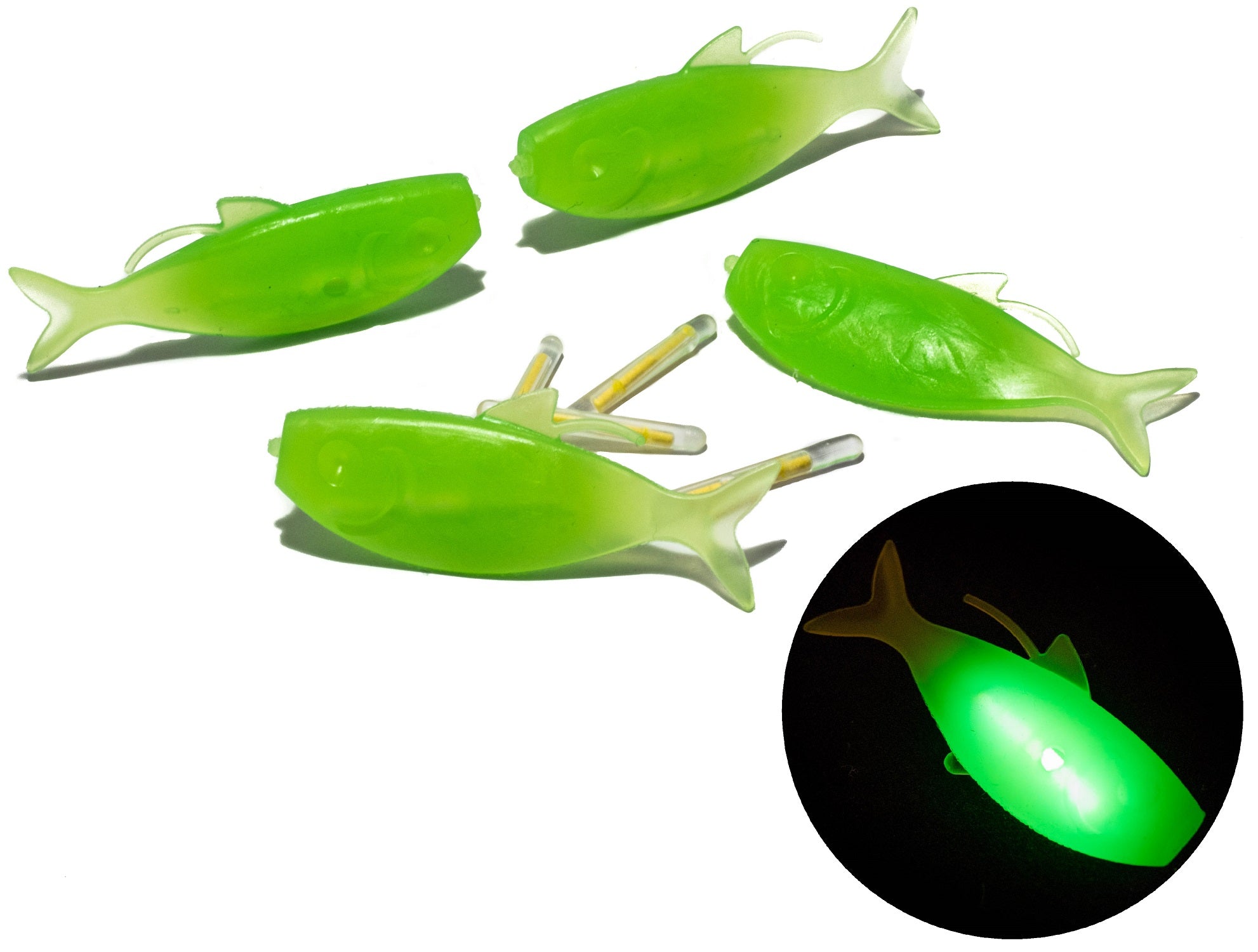 Fishing Shads 1.8” long (4 pack) - Glows in the dark, Soft plastic,  Internal scent pocket.